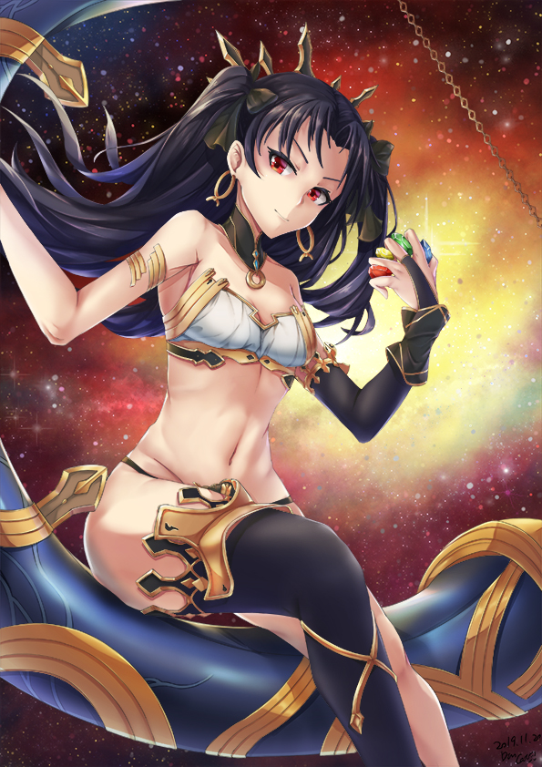 &gt;:) 1girl armlet backlighting barefoot between_fingers bikini black_bikini_bottom black_bow black_hair black_legwear bow braid breasts bridal_gauntlets cleavage closed_mouth collarbone dated detached_collar earrings fate/grand_order fate_(series) gem hair_bow heavenly_boat_maanna holding hoop_earrings ishtar_(fate/grand_order) jewelry long_hair looking_at_viewer mismatched_bikini navel red_eyes s86579450 signature single_braid sitting small_breasts smile solo space strapless strapless_bikini sun swimsuit two_side_up v-shaped_eyebrows very_long_hair white_bikini_top