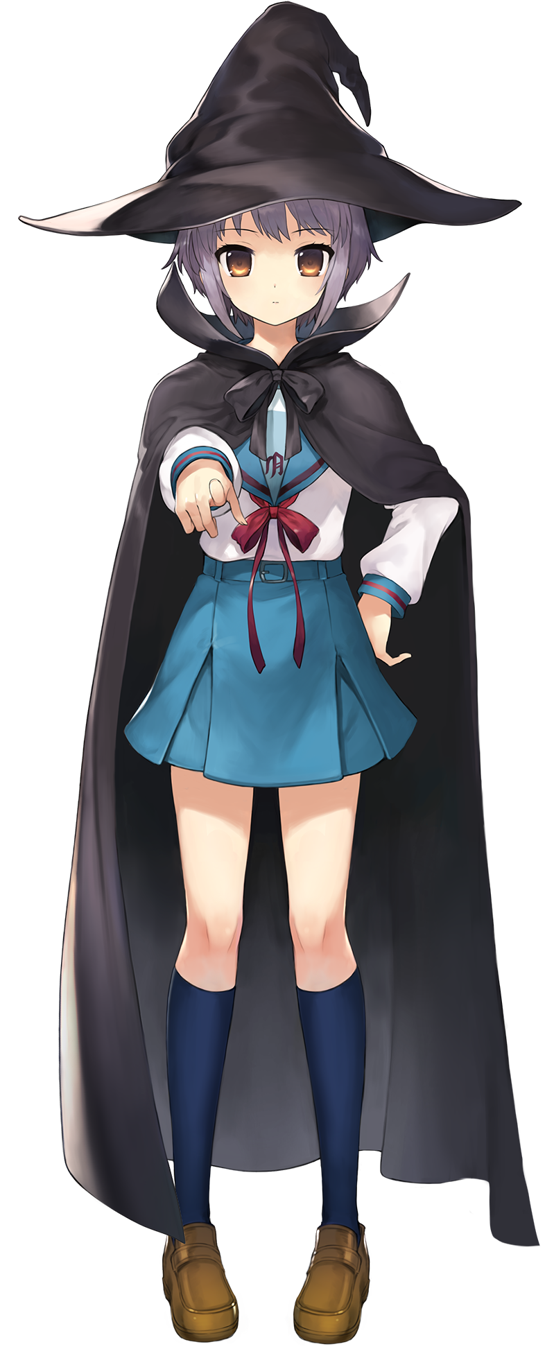 1girl artist_request black_headwear blue_sailor_collar blue_skirt brown_eyes cloak closed_mouth eyebrows_visible_through_hair full_body hand_on_hip hat highres kita_high_school_uniform long_sleeves looking_at_viewer nagato_yuki official_art pointing pointing_at_viewer purple_hair sailor_collar school_uniform serafuku shadowverse shirt shoes short_hair skirt solo suzumiya_haruhi_no_yuuutsu transparent_background witch_hat