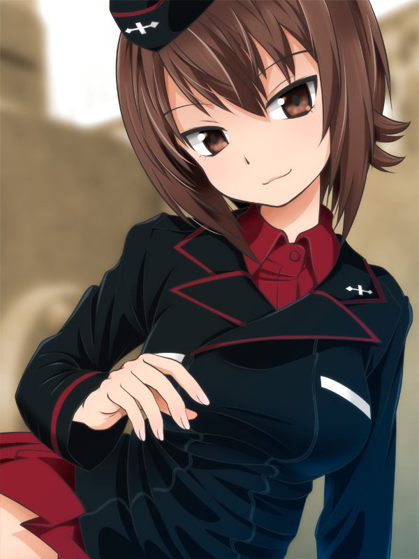1girl bangs black_headwear black_jacket brown_eyes brown_hair closed_mouth commentary dress_shirt garrison_cap girls_und_panzer gofu hat head_tilt insignia jacket kuromorimine_military_uniform leaning_to_the_side long_sleeves looking_at_viewer military military_hat military_uniform miniskirt nishizumi_maho pleated_skirt red_shirt red_skirt shirt short_hair sitting skirt smile solo uniform wing_collar