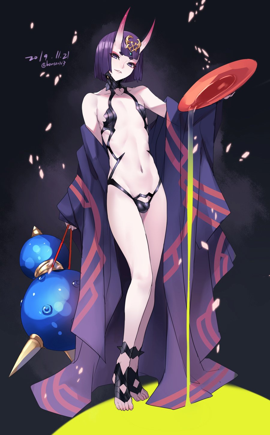 1boy ban bangs bare_shoulders barefoot_sandals bob_cut bulge collarbone cup dated eyeliner fate_(series) full_body genderswap genderswap_(ftm) headpiece highres horns japanese_clothes kimono legs long_sleeves looking_at_viewer makeup off_shoulder oni oni_horns open_clothes open_kimono parted_lips pouring purple_eyes purple_hair purple_kimono revealing_clothes sakazuki short_eyebrows short_hair shuten_douji_(fate/grand_order) skin-covered_horns smile solo toes white_background wide_sleeves