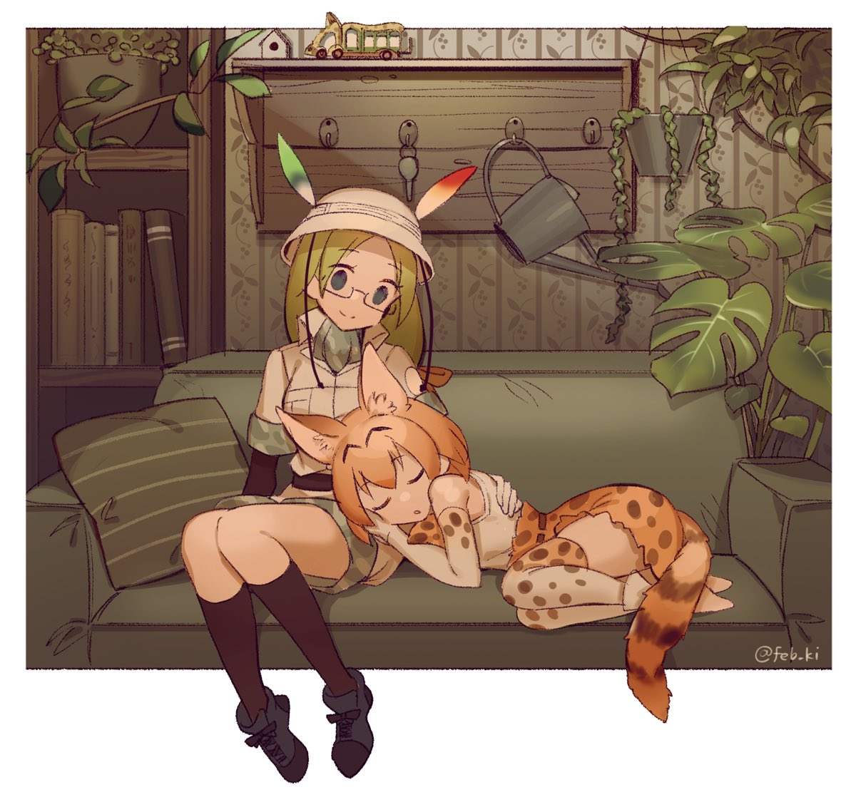2girls animal_ears bare_shoulders black_gloves black_legwear blonde_hair blue_eyes boots bow bowtie camouflage_trim closed_eyes couch curled_up elbow_gloves eyebrows_visible_through_hair feb_ki glasses gloves green_hair hair_tie hand_on_another's_shoulder hat_feather helmet high-waist_skirt kemono_friends kemono_friends_3 khakis long_hair mirai_(kemono_friends) multiple_girls pith_helmet print_gloves print_legwear print_neckwear print_skirt serval_(kemono_friends) serval_ears serval_girl serval_print serval_tail shirt shoes short_hair shorts sitting skirt sleeping sleeping_on_person sleeveless socks tail thighhighs uniform white_shirt zettai_ryouiki