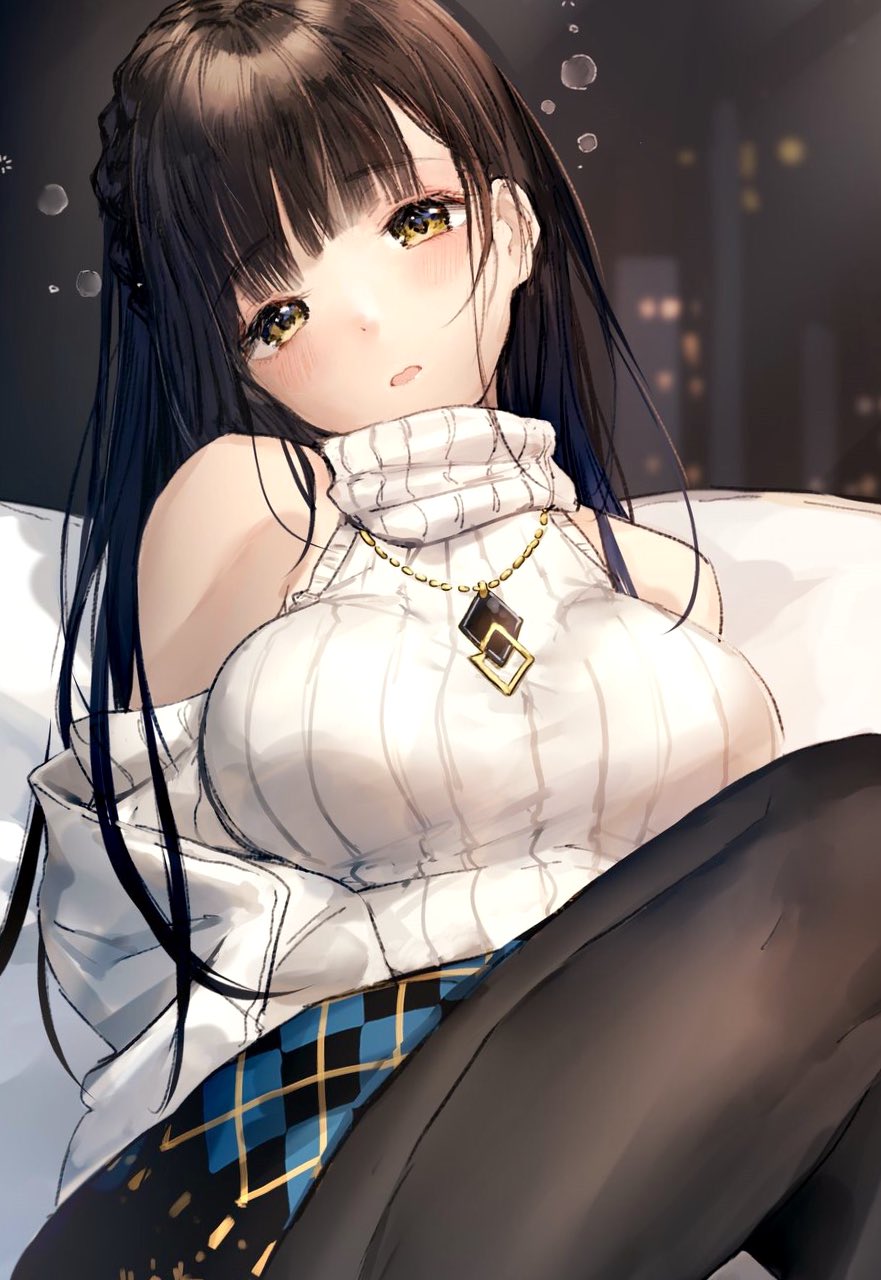 1girl bangs black_hair black_legwear blue_skirt blush braid breasts brown_eyes character_request commentary_request copyright_request detached_sleeves head_tilt highres jewelry large_breasts long_hair necklace off_shoulder pantyhose plaid plaid_skirt ribbed_sweater side_braid skirt sleepy sleeveless sleeveless_turtleneck solo sweater takeashiro turtleneck white_sweater