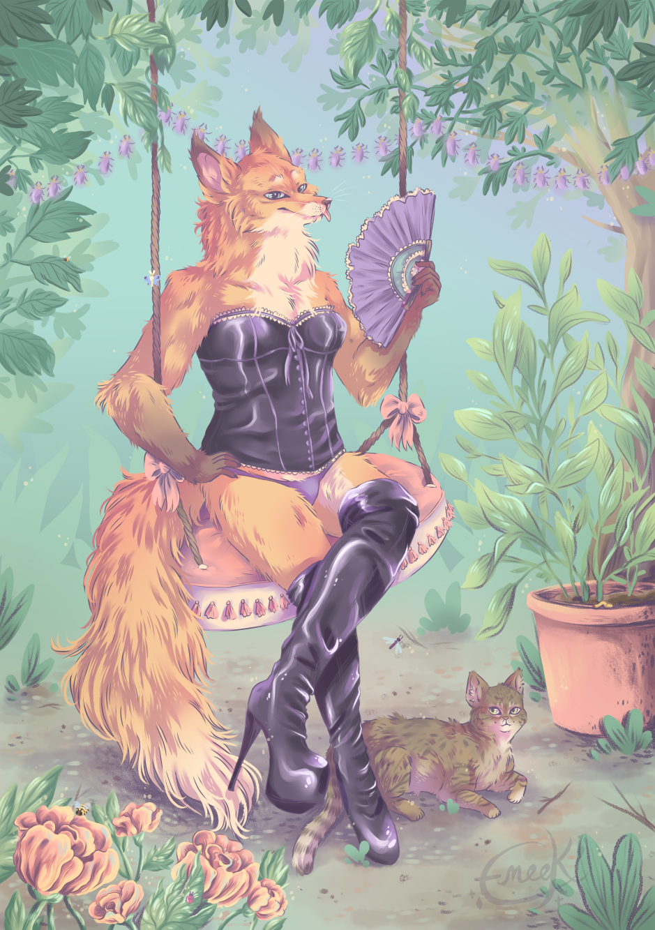 bow canid canine clothing corset detailed_background domestic_cat eneeku felid feline felis female feral footwear fox fred girly hand_fan hand_on_hip hi_res high_heels leaf leather lights lilou lingerie lying male mammal outside panties plant shoes sitting smile swing tree underwear