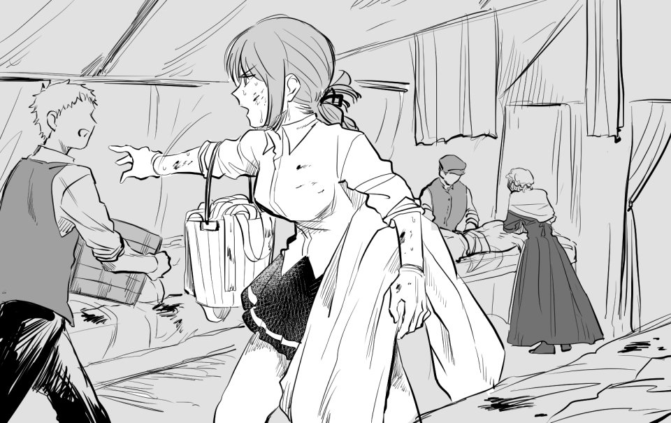 bandages bed blanket blood blood_on_face blood_stain braid bucket coat coat_removed faceless fate/grand_order fate_(series) florence_nightingale_(fate/grand_order) gloves greyscale hospital_bed metarogu monochrome pointing skirt tent