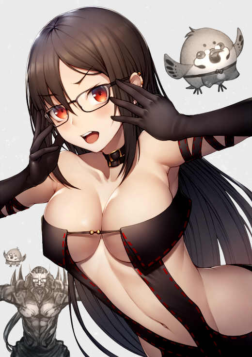 1boy 1girl animal armpits arms_up banned_artist bare_shoulders bestiality bird black-framed_eyewear black_gloves black_hair blush breasts cleavage collar collarbone commentary_request consort_yu_(fate) elbow_gloves eyebrows_visible_through_hair fate/grand_order fate_(series) gloves grey_background kyoeiki large_breasts long_hair navel open_mouth red_eyes revealing_clothes ribbon_trim simple_background upper_body v-shaped_eyebrows very_long_hair xiang_yu_(fate/grand_order)
