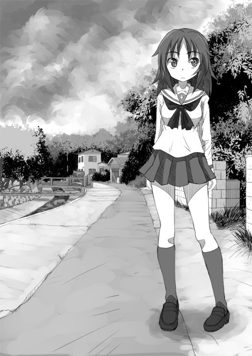 1girl bangs brick_wall bridge building canal closed_mouth cloud cloudy_sky commentary eyebrows_visible_through_hair girls_und_panzer gofu greyscale light_frown long_hair looking_at_viewer monochrome ooarai_school_uniform outdoors road school_uniform sky solo standing street tree yamagou_ayumi