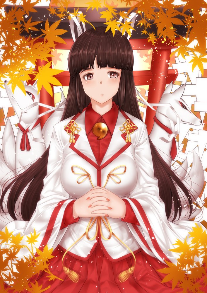 1girl 2others autumn_leaves blouse brown_eyes brown_hair commentary_request cowboy_shot dress_shirt fox hair_ribbon hands_clasped hime_cut hiyou_(kantai_collection) kantai_collection leaf long_hair looking_at_viewer magatama makumaxu multiple_others nail_polish own_hands_together pleated_skirt red_skirt ribbon shikigami shirt skirt torii