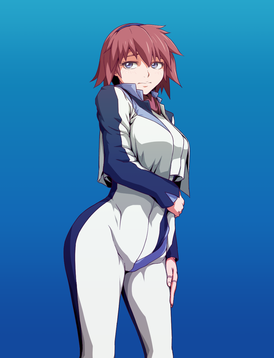 1girl blue_background blue_eyes bodysuit breasts canon_memphis closed_mouth commentary_request crop_top crop_top_overhang hair_between_eyes hairband highres long_sleeves looking_to_the_side medium_breasts medium_hair neckerchief red_hair shiny shiny_hair simple_background solo soukyuu_no_fafner standing uganda