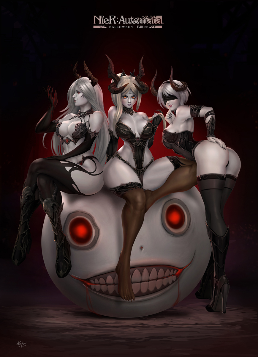 2019 3girls armlet ass bangs bent_over black_blindfold black_choker black_gloves black_hairband black_legwear black_leotard black_nails blindfold blood_on_fingers boots breasts choker cleavage come_hither commentary covered_eyes crossed_legs demon_horns elbow_gloves emil_(nier) english_commentary felox08 fingerless_gloves fingernails forehead_tattoo full_body gloves glowing glowing_eyes gorget hair_twirling hairband halloween_costume high_heel_boots high_heels highleg highleg_leotard highres horns knee_boots large_breasts legs leotard long_hair long_legs looking_at_viewer medium_breasts mole mole_under_mouth multiple_girls nier_(series) nier_automata no_shoes nose orange_eyes pale_skin parted_bangs pelvic_curtain ponytail red_eyes revealing_clothes scar scar_across_eye sharp_fingernails sharp_toenails short_hair silver_hair sitting thick_thighs thighhighs thighs toenails vambraces yorha_infantry_squad_commander yorha_no._2_type_b yorha_type_a_no._2