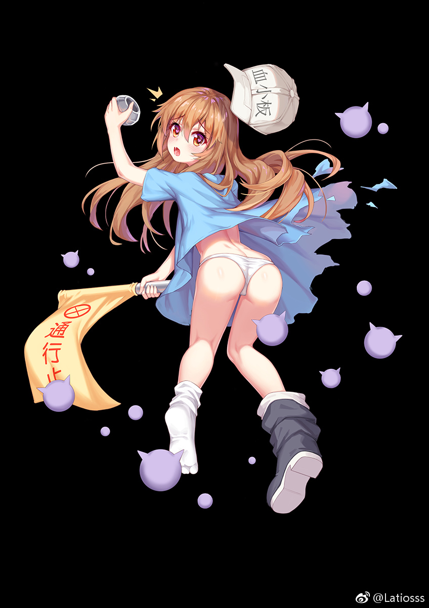 1girl :o ass bare_legs baseball_cap black_background blue_dress boots brown_hair commentary_request dress flag from_behind hat hataraku_saibou heart heart-shaped_pupils highres holding holding_flag latioss long_hair looking_at_viewer looking_back open_mouth orange_eyes panties platelet_(hataraku_saibou) short_sleeves socks solo symbol-shaped_pupils torn_clothes torn_dress underwear white_legwear white_panties