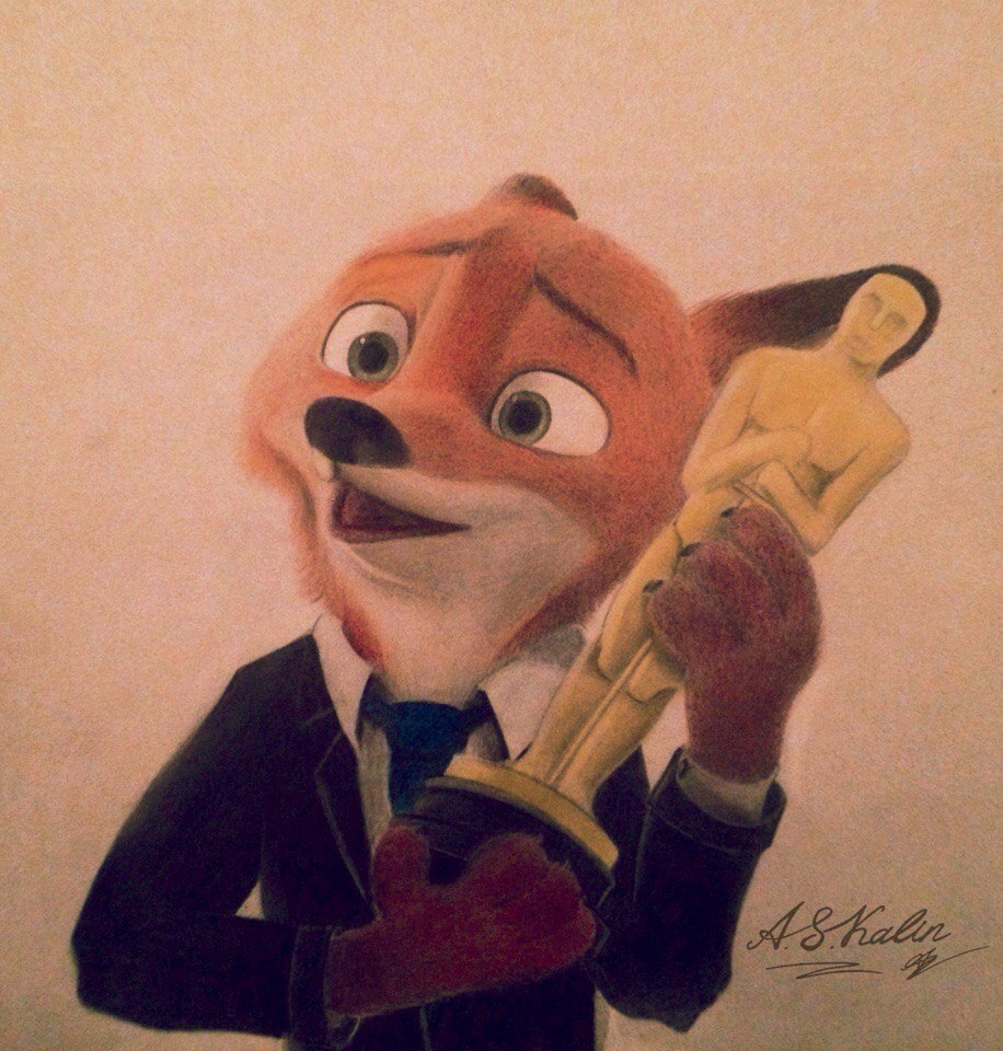 2017 anthro askalin award black_nose canid canine clothed clothing dipstick_ears disney fox front_view fur green_eyes holding_object mammal multicolored_ears necktie nick_wilde open_mouth orange_body orange_fur oscar_statuette red_fox solo suit trophy zootopia