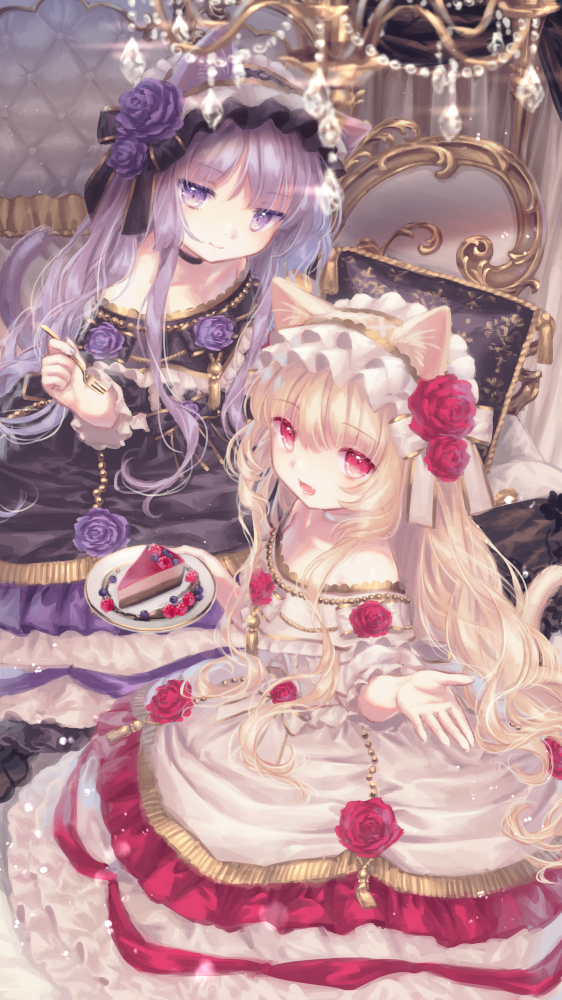2girls :d animal_ear_fluff animal_ears bangs black_dress blonde_hair blueberry blurry blurry_foreground cake cat_ears cat_girl cat_tail closed_mouth commentary_request depth_of_field dress eyebrows_visible_through_hair flower food fork fruit hair_between_eyes hair_flower hair_ornament holding holding_fork holding_plate long_hair long_sleeves multiple_girls open_mouth original pillow plate purple_eyes purple_flower purple_hair purple_rose raspberry red_eyes red_flower red_rose rose slice_of_cake smile tail very_long_hair white_dress yumeichigo_alice