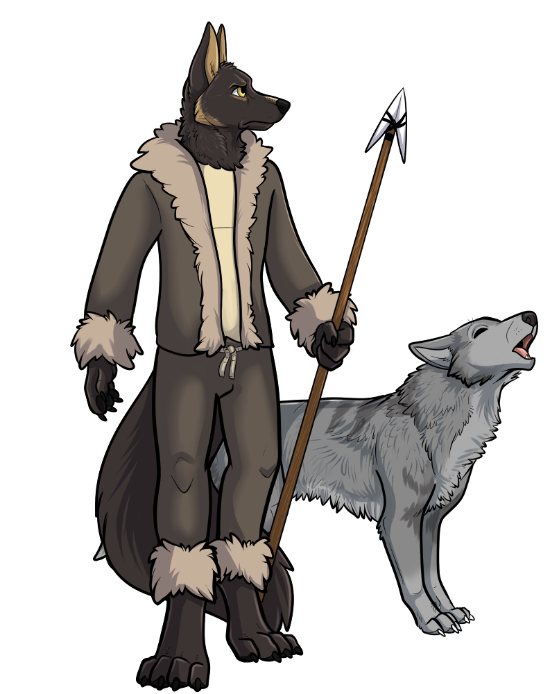 2017 anthro black_nose canid canine canis claws clothed clothing countershading digital_media_(artwork) duo feral fully_clothed fur fur_collar fur_trim furries_with_pets holding_object holding_weapon howl likeshine looking_aside male mammal melee_weapon multicolored_body multicolored_fur open_mouth polearm rope rothanos serious simple_background spear standing two_tone_body two_tone_fur weapon white_background wolf yellow_eyes