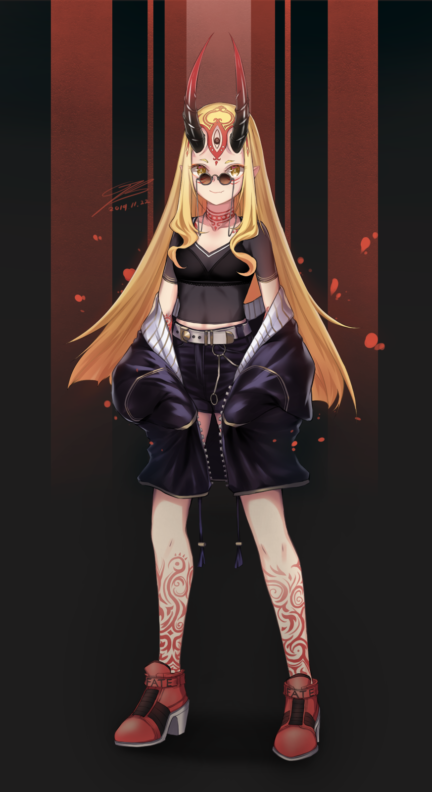 1girl alternate_costume ankle_boots bare_legs belt belt_buckle black-framed_eyewear black_bra black_coat black_shirt black_shorts blonde_hair boots bra bright_pupils brown-tinted_eyewear buckle casual closed_mouth coat collarbone commentary_request dated face facial_mark fang fang_out fate/grand_order fate_(series) forehead_mark full_body glasses gradient gradient_background high_heel_boots high_heels highres ibaraki_douji_(fate/grand_order) long_hair off_shoulder oni_horns open_clothes open_coat red_footwear see-through shirt short_sleeves shorts sidelocks signature skin_fang smile solo standing straight_hair superman3go underwear very_long_hair yellow_eyes