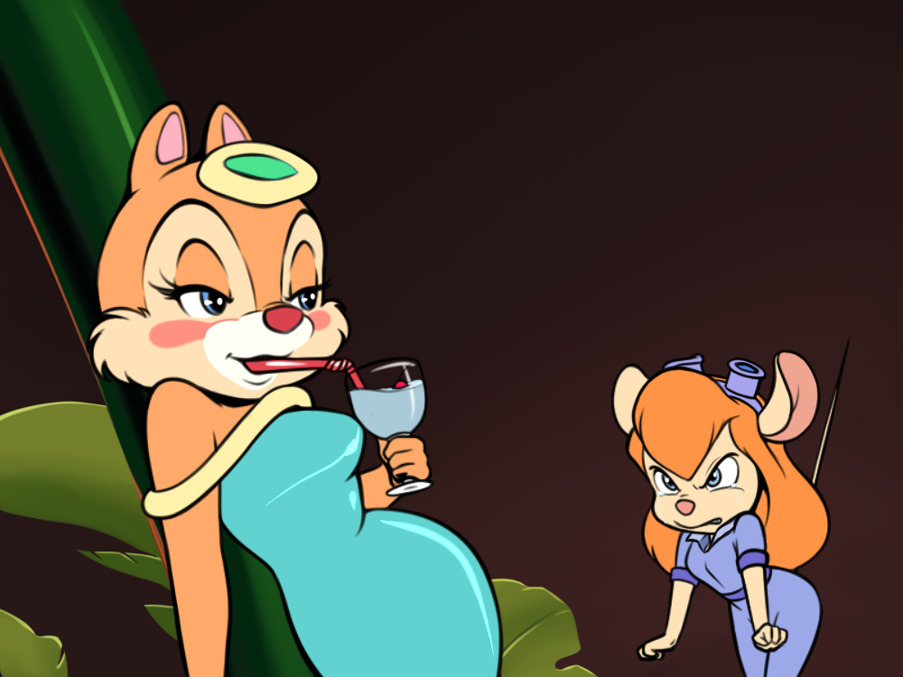 4:3 anthro bendy_straw blonde_hair bodily_fluids chip_'n_dale_rescue_rangers chipmunk clarice_(disney) clothed clothing disney dress drinking drinking_straw duo eyelashes female fingers fur gadget_hackwrench ground_squirrel hair mammal meme pepipopo rodent sciurid straw tears