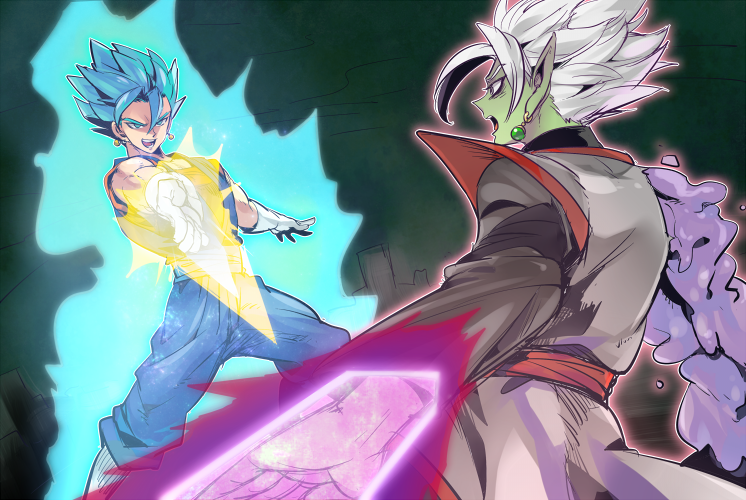 2boys arm_blade aura blue_eyes blue_hair boots corruption dougi dragon_ball dragon_ball_super earrings full_body fused_zamasu fusion gloves green_skin jewelry katori_(katokichi) long_sleeves male_focus multiple_boys muscle pointy_ears potara_earrings purple_skin short_hair simple_background smile spiked_hair standing super_saiyan_blue vegetto weapon white_gloves white_hair zamasu