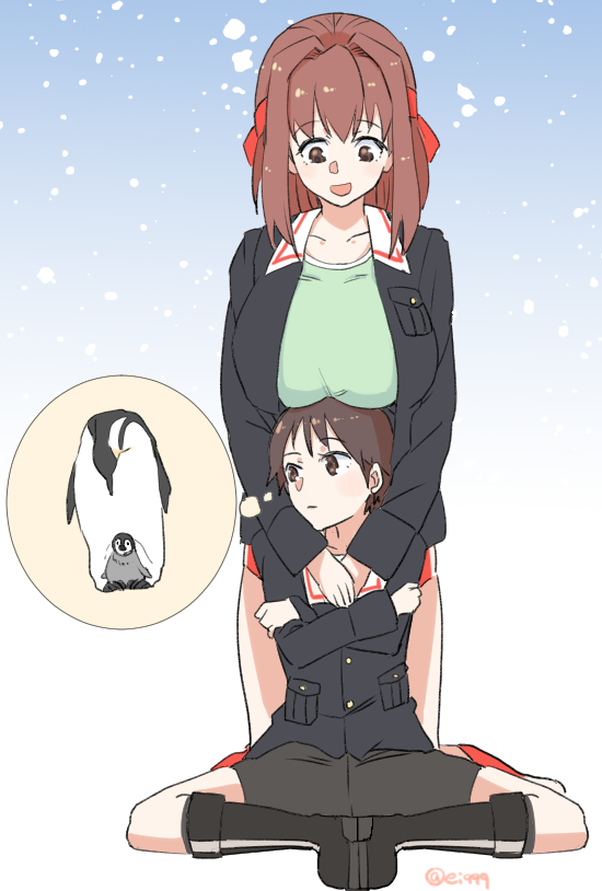 2girls bangs bike_shorts black_footwear black_shorts blue_background blue_jacket boots breast_rest breasts breasts_on_head brown_eyes brown_hair commentary crossed_arms ei_(akinosakae) emperor_penguin facing_viewer girls_und_panzer gradient gradient_background green_shirt headband hug hug_from_behind imagining isobe_noriko jacket kneeling kondou_taeko light_frown long_sleeves looking_at_another looking_down looking_to_the_side medium_hair military military_uniform multiple_girls ooarai_military_uniform open_clothes open_jacket open_mouth red_headband red_shorts shirt short_hair short_shorts shorts sitting smile snow thought_bubble twitter_username uniform zipper