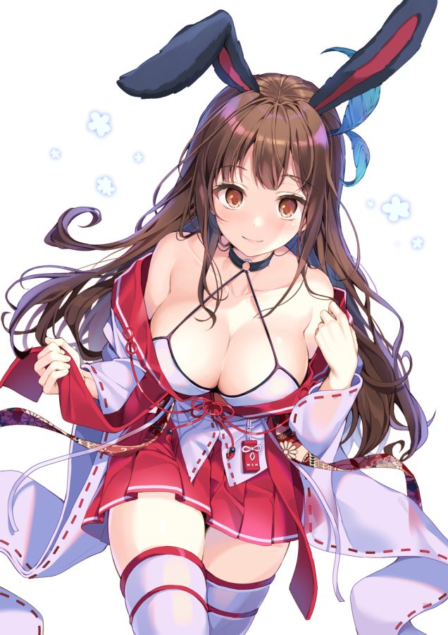 1girl animal_ears bangs bare_shoulders blush breasts brown_eyes brown_hair bunny_ears choker cleavage closed_mouth collarbone hakama japanese_clothes large_breasts long_hair long_sleeves looking_at_viewer miko off_shoulder original pinb pleated_skirt red_skirt ribbon-trimmed_sleeves ribbon_trim simple_background skirt smile solo thighs white_background white_legwear wide_sleeves