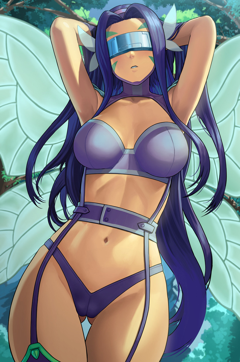 1girl arms_up ass_visible_through_thighs blush breasts breasts_apart butterfly_hair_ornament butterfly_wings cameltoe covered_eyes digimon digimon_frontier facial_mark fairymon garter_straps gloves hair_intakes hair_ornament highres lasterk legs_together long_hair medium_breasts navel purple_hair purple_legwear revealing_clothes revision solo standing teeth thigh_gap thighhighs visor wings