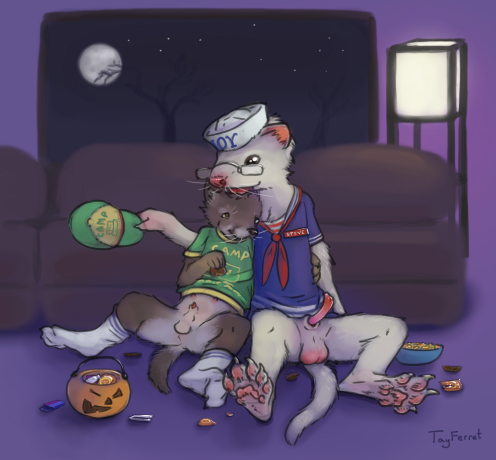 age_difference anatomically_correct anatomically_correct_penis animal_genitalia animal_penis anthro balls bottomless candy canid canine claws clothed clothing cub cuddling digital_media_(artwork) domestic_ferret duo embrace erection eyewear food fruit full_moon fur glasses halloween hat headgear headwear hindpaw holidays jack-o'-lantern legwear licking male mammal moon mustela mustelid musteline nipples older_male pawpads paws penis penis_tip pink_nose plant pumpkin sheath shirt socks stranger_things tay tayferret tom_the_fox tongue tongue_out topwear white_body white_fur young