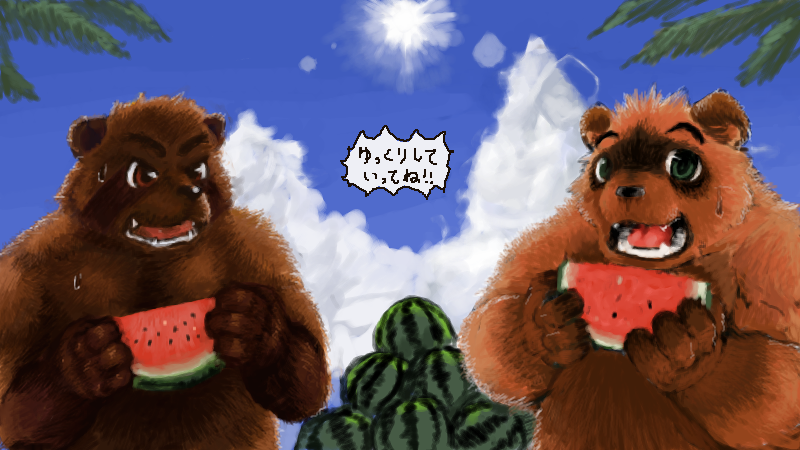 16:9 2008 anthro bodily_fluids brown_body brown_fur canid canine duo food fruit fur humanoid_hands japanese_text mammal melon outside overweight plant plasma_plus raccoon_dog sweat tanuki text watermelon