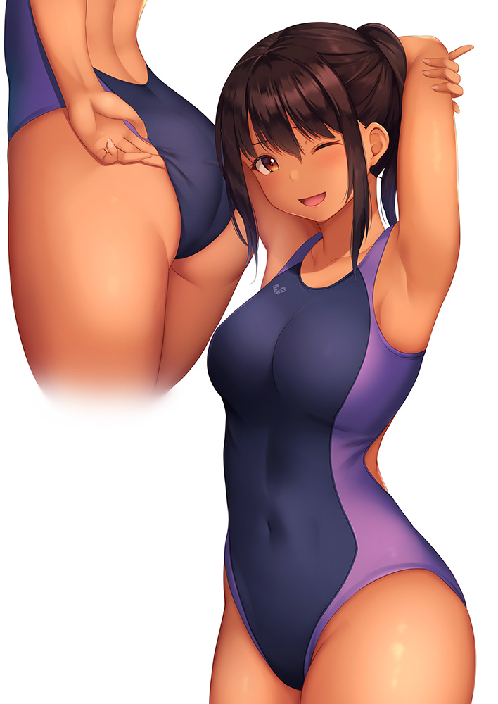 1girl adjusting_clothes adjusting_swimsuit armpits arms_behind_head ass black_hair breasts brown_eyes competition_swimsuit covered_navel cowboy_shot dark_skin looking_at_viewer medium_breasts momo_no_kanzume multiple_views one-piece_swimsuit one_eye_closed open_mouth original short_hair swimsuit white_background