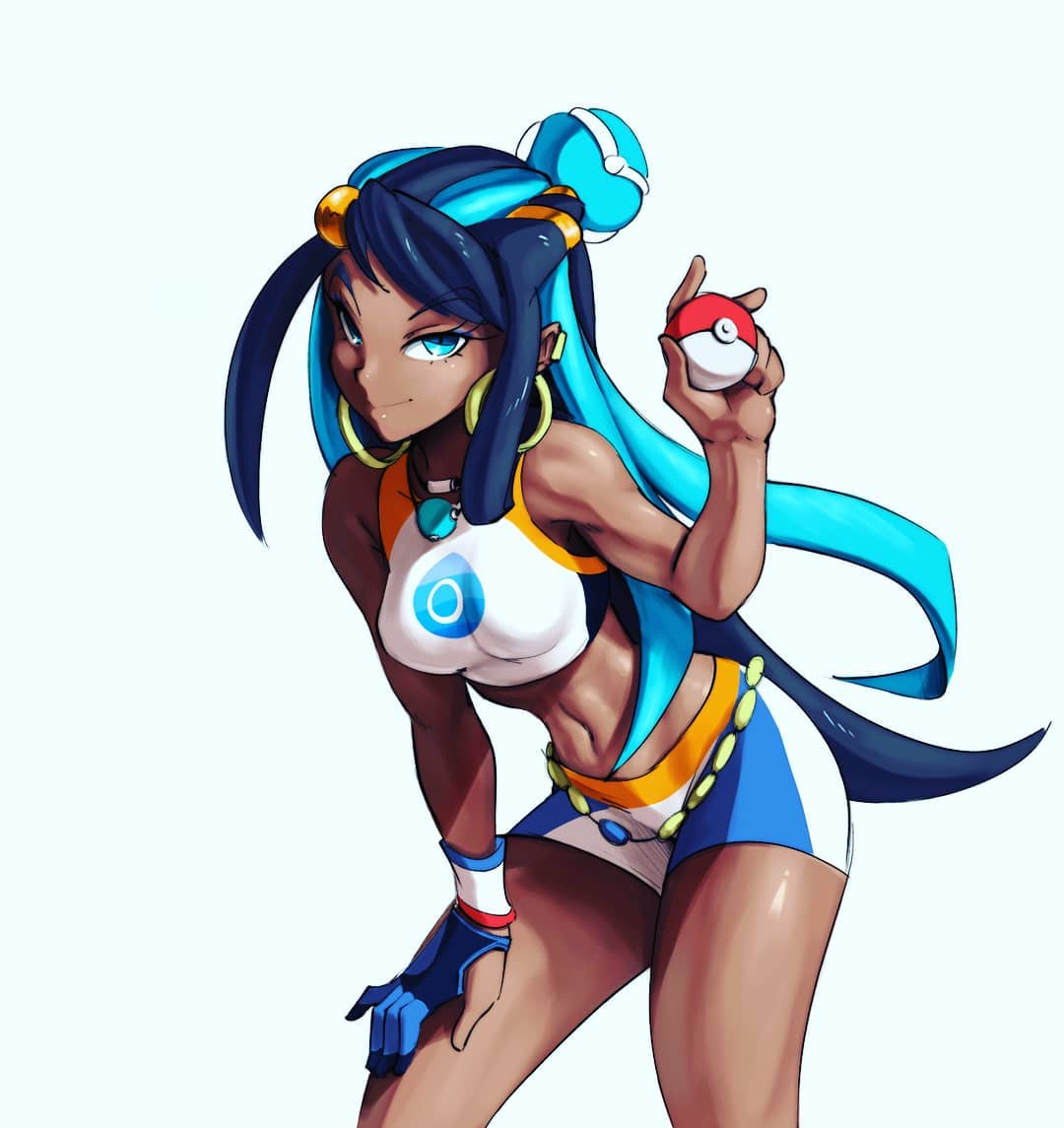 1girl blue_eyes blue_hair dark_skin demxhax ear_piercing earrings gloves gym_leader hand_on_hip holding holding_poke_ball hoop_earrings jewelry leaning_forward long_hair looking_at_viewer multicolored_hair navel partly_fingerless_gloves piercing poke_ball poke_ball_(generic) pokemon pokemon_(game) pokemon_swsh rurina_(pokemon) simple_background single_glove smile solo sportswear swimsuit tankini two-tone_hair very_long_hair white_background