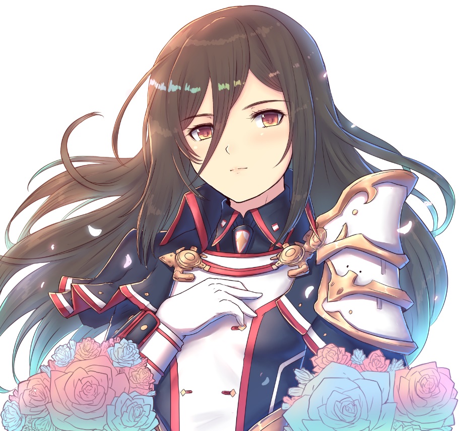 1girl blue_hair brown_eyes brown_hair cat_with_a_brush closed_mouth flower gloves gradient_hair hair_between_eyes long_hair looking_at_viewer meleph_(xenoblade) multicolored_hair rose shiny shiny_hair shoulder_armor simple_background solo upper_body very_long_hair white_background white_gloves xenoblade_(series) xenoblade_2
