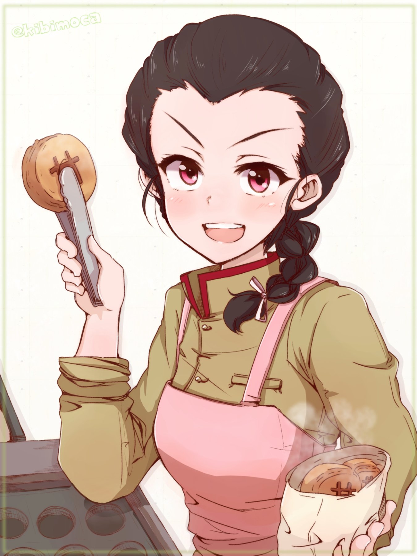 1girl alternate_eye_color apron black_hair border braid brown_jacket chi-hatan_school_uniform commentary food girls_und_panzer green_border hair_over_shoulder hair_pulled_back hair_ribbon high_collar highres holding holding_food jacket kibimoka long_hair long_sleeves looking_at_viewer offering open_mouth pink_apron purple_eyes ribbon school_uniform single_braid sleeves_rolled_up smile solo steam tamada_(girls_und_panzer) tongs twitter_username white_ribbon