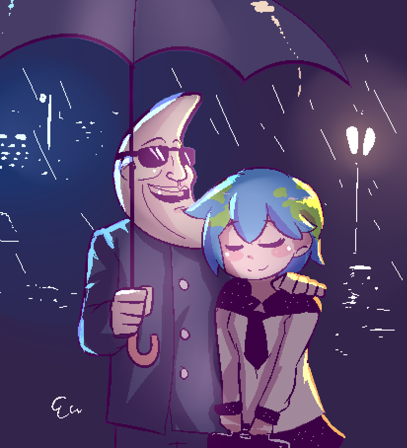 1boy 1girl artist_request blue_hair blush closed_eyes earth-chan gakuran hand_on_another's_shoulder mac_tonight mcdonald's rain school_uniform serafuku smile sunglasses umbrella