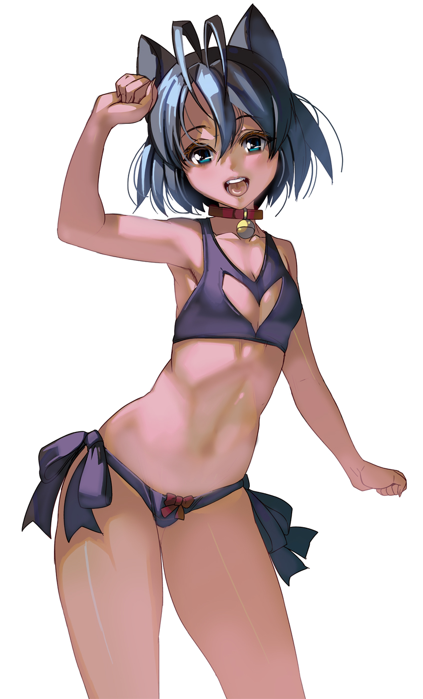 1girl animal_ears antenna_hair arm_up armpits bangs bell bell_collar bikini black_bikini black_hair blue_eyes bow breasts cat_ears cleavage_cutout collar cowboy_shot dark_skin hair_between_eyes heart_cutout highres looking_at_viewer masao open_mouth original red_bow short_hair small_breasts solo swimsuit white_background