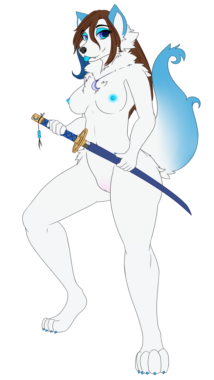 alpha_channel arctic_wolf big_breasts blep blue_eyes blue_nipples blue_tail blue_tongue breasts brown_hair butt canid canine canis collar curvaceous curvy_figure female flat_colored fluffy fur genitals hair hi_res holding_(disambiguation) holding_object holding_weapon katana mammal melee_weapon moon muscular nipples nude pussy rawbelr simple_background space special_eyes strong_legs sword tongue tongue_out transparent_background voluptuous weapon white_body white_fur white_tail wolf