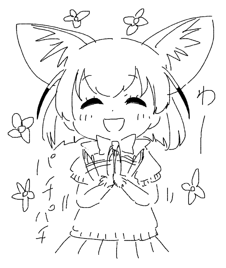 1girl ^_^ animal_ear_fluff animal_ears bangs blush bow clapping closed_eyes dot_nose extra_ears eyebrows_visible_through_hair facing_viewer fennec_(kemono_friends) flower fox_ears gloves greyscale hands_up happy kemono_friends monochrome motion_lines onomatopoeia open_mouth panzuban pleated_skirt puffy_short_sleeves puffy_sleeves scarf short_hair short_sleeves simple_background sketch skirt smile solo sweater upper_body |d