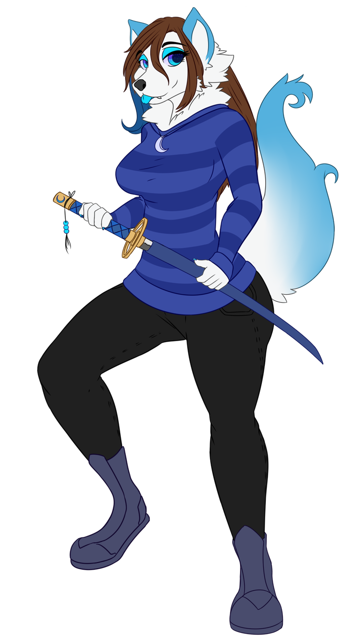 alpha_channel arctic_wolf big_breasts blep blue_eyes blue_tail blue_tongue boots bottomwear breasts brown_hair butt canid canine canis clothed clothing collar curvaceous curvy_figure female flat_colored fluffy footwear fully_clothed fur hair hi_res holding_(disambiguation) holding_object holding_weapon mammal melee_weapon rawbelr simple_background special_eyes strong_legs sweater sword tongue tongue_out topwear transparent_background voluptuous weapon white_body white_fur white_tail wolf