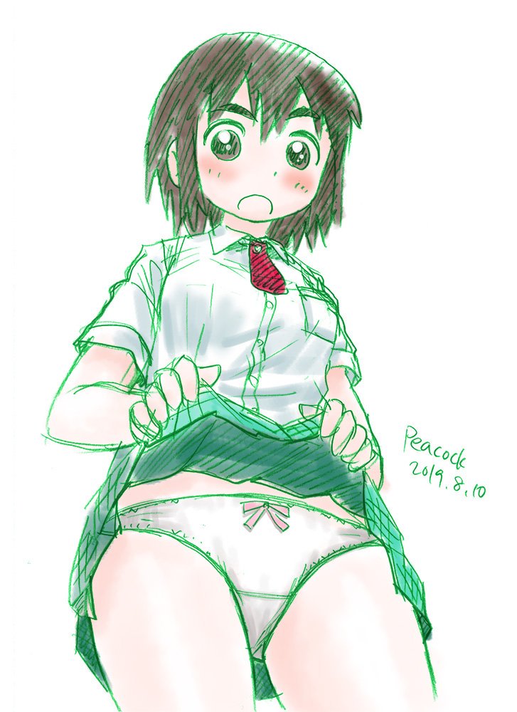 1girl ayase_fuuka bangs blush brown_eyes brown_hair collared_shirt commentary_request cowboy_shot eyebrows eyebrows_visible_through_hair frilled_skirt frills graphite_(medium) green_skirt lifted_by_self looking_at_viewer looking_down necktie open_mouth panties pantyshot pantyshot_(standing) peacock_(p-location) red_neckwear school_uniform shirt short_hair sketch skirt skirt_lift solo standing thick_eyebrows traditional_media underwear white_panties white_shirt yotsubato!