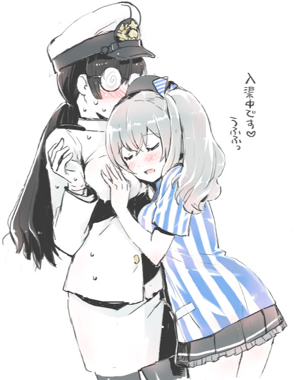 2girls alternate_costume beret black_hair black_legwear black_skirt blush breasts buttons closed_eyes cowboy_shot employee_uniform epaulettes eyebrows_visible_through_hair female_admiral_(kantai_collection) frilled_skirt frills glasses grey_hair hair_between_eyes hand_on_another's_chest hat hat_ribbon hug kantai_collection kashima_(kantai_collection) lawson long_hair low_ponytail military military_hat military_uniform multiple_girls naval_uniform nyoriko opaque_glasses peaked_cap pleated_skirt ribbon shirt short_sleeves simple_background skirt smile sweat sweating_profusely translated twintails uniform wavy_hair white_background white_shirt