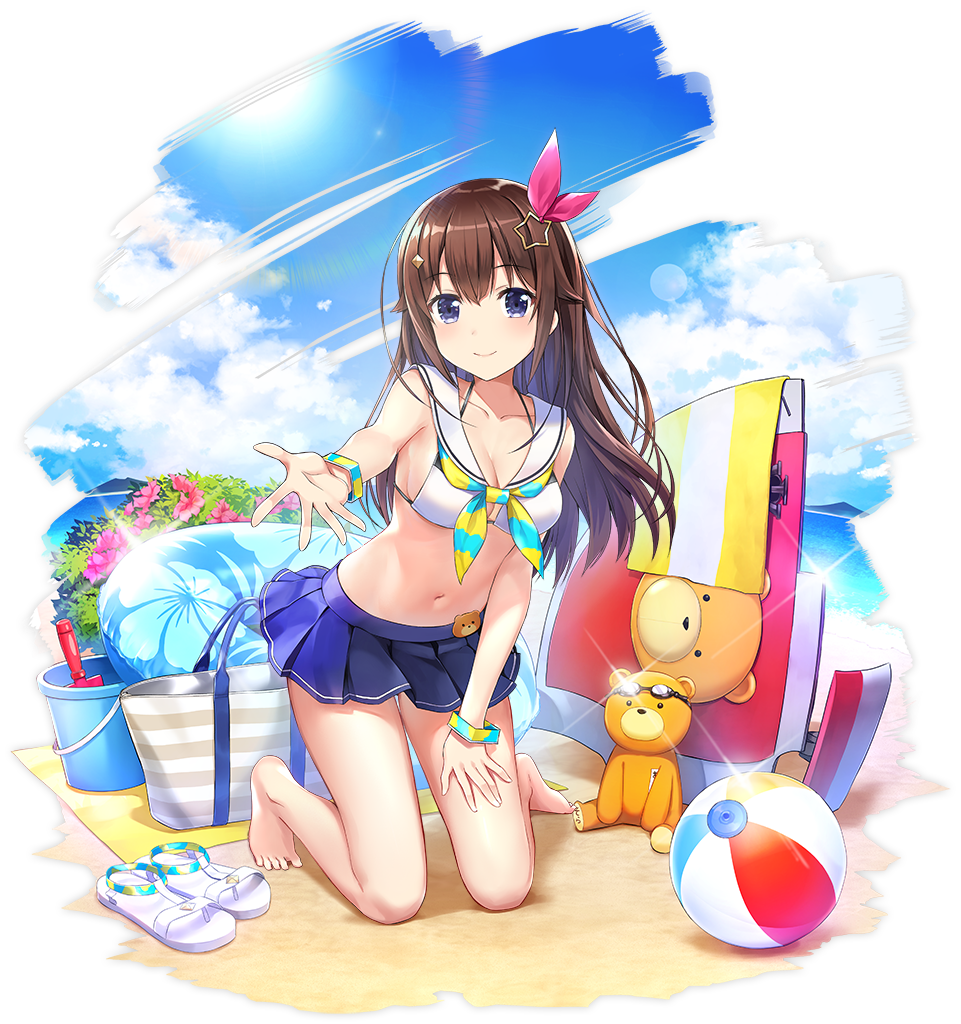 1girl amagai_tarou ankimo_(tokino_sora_channel) azur_lane bag ball bare_legs bare_shoulders barefoot beachball blue_eyes blue_skirt breasts brown_hair bucket cleavage cloud collarbone day floral_print flower hair_ornament halterneck hololive innertube kneeling long_hair looking_at_viewer medium_breasts miniskirt navel neckerchief official_art outstretched_arm pleated_skirt sailor_bikini sailor_collar sandals sandals_removed skirt smile solo star star_hair_ornament stomach stuffed_animal stuffed_toy sunglasses sunlight teddy_bear tokino_sora tokino_sora_channel transparent_background virtual_youtuber white_bikini_top wristband