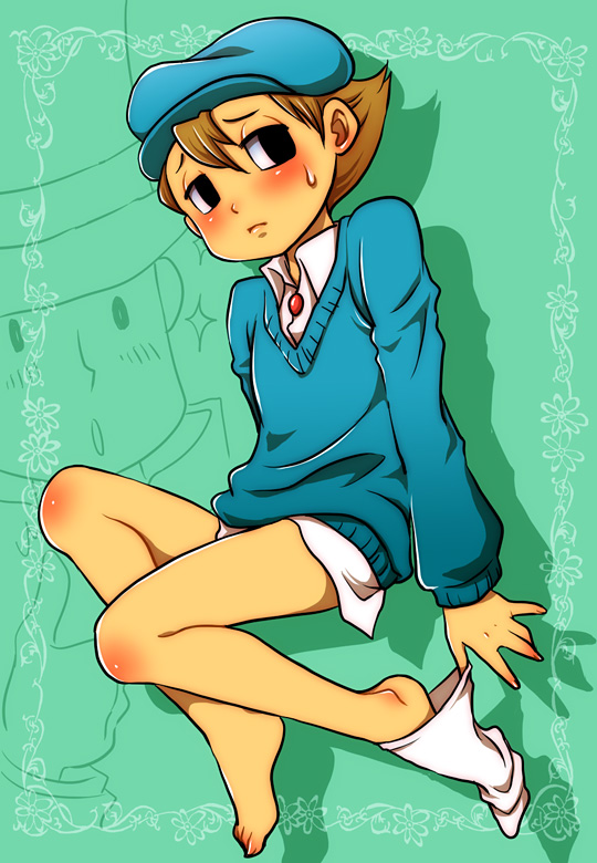 1boy bare_legs blush brown_hair child feet footwear hat hershel_layton level-5 lilysick luke_triton male male_focus one_sock professor_layton shota single_sock sock_pull socks solo sweat sweater