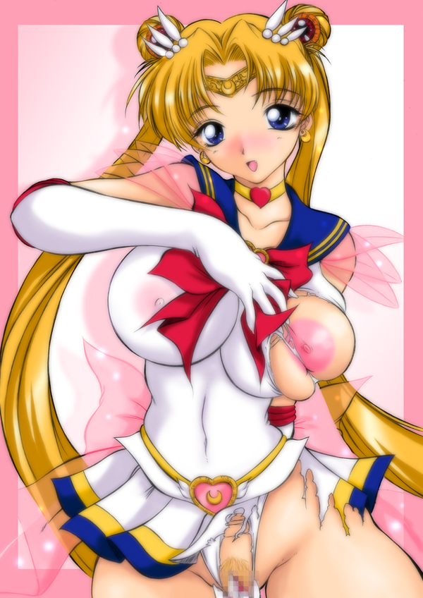 areolae artist_request bishoujo_senshi_sailor_moon blonde_hair blue_eyes blush breasts censored exhibitionism large_areolae large_breasts miniskirt mosaic_censoring naughty_face nipples pubic_hair sailor_moon skirt solo super_sailor_moon tiara torn_clothes tsukino_usagi twintails