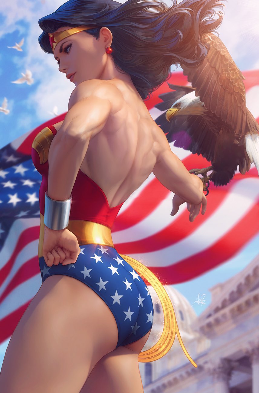 1girl american_flag back bird blue_eyes blue_sky bracer clenched_hand dc_comics dove eagle earrings from_side hand_on_hip highres jewelry lasso lasso_of_truth long_hair muscle muscular_female sky stanley_lau superhero thighs tiara wonder_woman wonder_woman_(series)