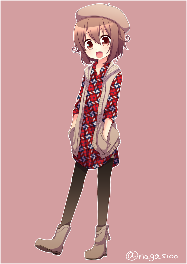 1girl alpha_signature alternate_costume beret boots brown_eyes brown_hair dress dress_shirt hands_in_pockets hat kantai_collection mutsuki_(kantai_collection) nagasioo open_mouth pantyhose plaid plaid_dress red_dress shirt short_hair simple_background solo twitter_username unmoving_pattern vest walking