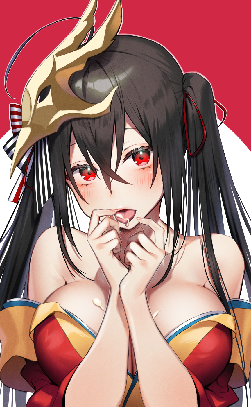 1girl ahoge azur_lane bare_shoulders black_hair blush bow breasts cleavage collarbone hair_between_eyes hair_bow hands_up highres japanese_clothes kimono large_breasts long_hair looking_at_viewer mask mask_on_head off_shoulder open_mouth red_eyes red_kimono shirako_sei solo striped striped_bow suggestive_fluid taihou_(azur_lane) tongue tongue_out twintails two-tone_background upper_body