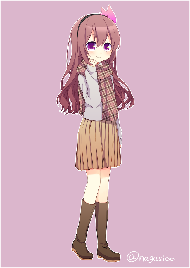 1girl alpha_signature alternate_costume boots brown_hair casual diadem full_body kantai_collection kisaragi_(kantai_collection) knee_boots long_hair nagasioo pink_background plaid plaid_scarf pleated_skirt purple_eyes scarf skirt smile solo standing sweater twitter_username