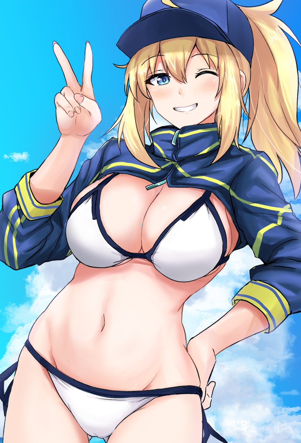 1girl artoria_pendragon_(all) ass_visible_through_thighs baseball_cap bikini blue_eyes blue_sky blush breasts cleavage cloud cowboy_shot fate/grand_order fate_(series) hair_between_eyes hand_on_hip hat highres large_breasts mysterious_heroine_xx_(foreigner) navel one_eye_closed ponytail poshi_(ginmokusei) shrug_(clothing) side-tie_bikini sky smile solo stomach stomach_day swimsuit v