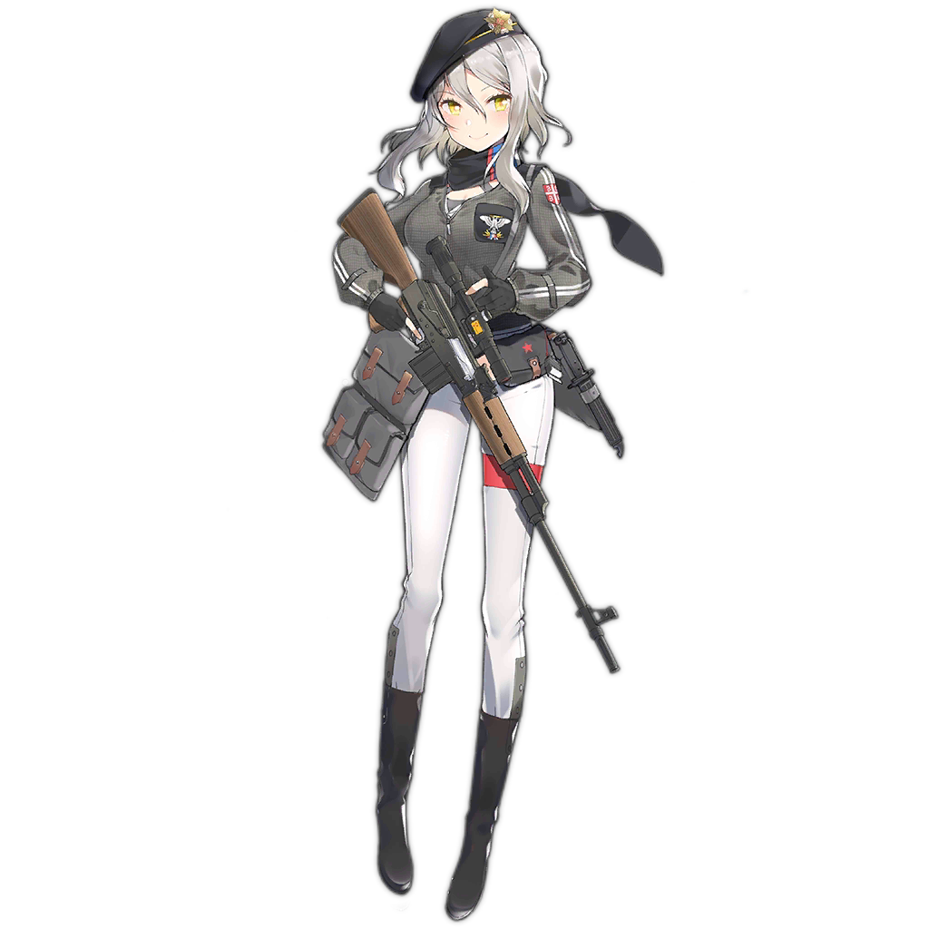 1girl aosora_kamiya bangs beret black_gloves black_headwear black_scarf blush breasts combat_knife emblem full_body girls_frontline gloves grey_hair grey_jacket gun hair_between_eyes hat holding holding_gun holding_weapon jacket knife long_hair long_sleeves looking_at_viewer medium_breasts official_art pants partly_fingerless_gloves rifle scarf scope sidelocks sniper_rifle solo tachi-e transparent_background trigger_discipline weapon white_pants yellow_eyes zas_m76_(girls_frontline) zastava_m76