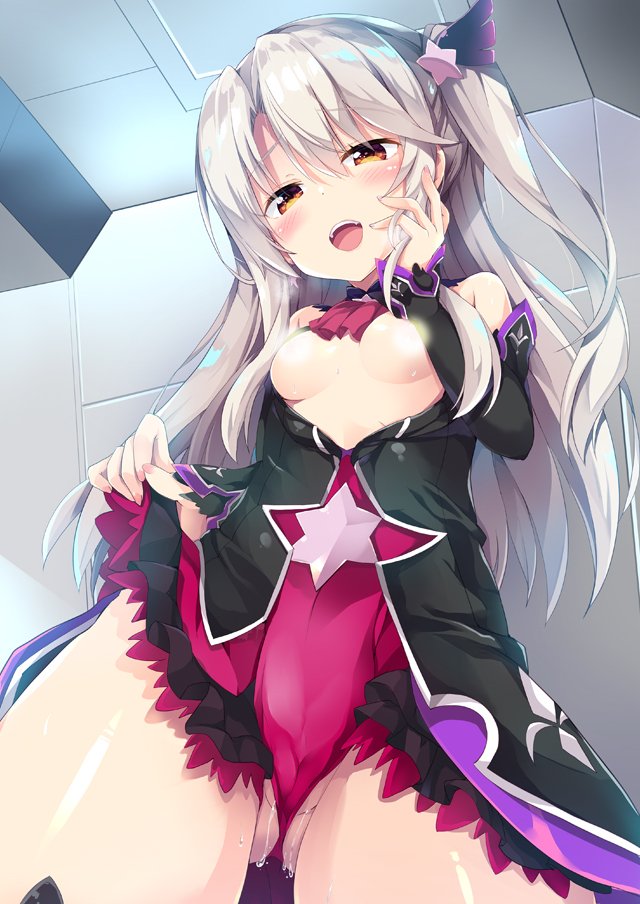 1girl bangs black_dress blonde_hair breasts censored cleavage covered_nipples cowboy_shot dress eyebrows_visible_through_hair fate/kaleid_liner_prisma_illya fate_(series) hair_between_eyes hair_ornament holding illyasviel_von_einzbern long_hair looking_at_viewer maruchan. open_clothes open_mouth red_eyes sidelocks small_breasts smile solo