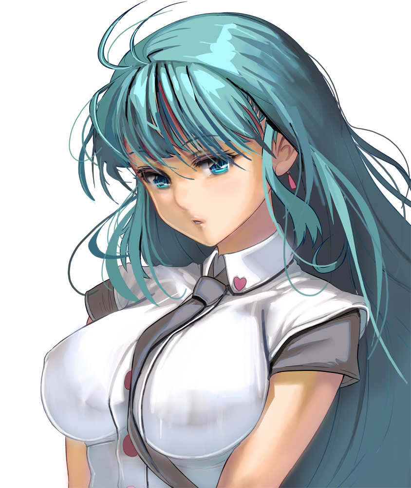 1girl antenna_hair bangs between_breasts blue_eyes breasts commentary_request green_hair grey_neckwear heart lips long_hair masao medium_breasts messy_hair necktie necktie_between_breasts original pink_earrings revision short_sleeves solo v_arms