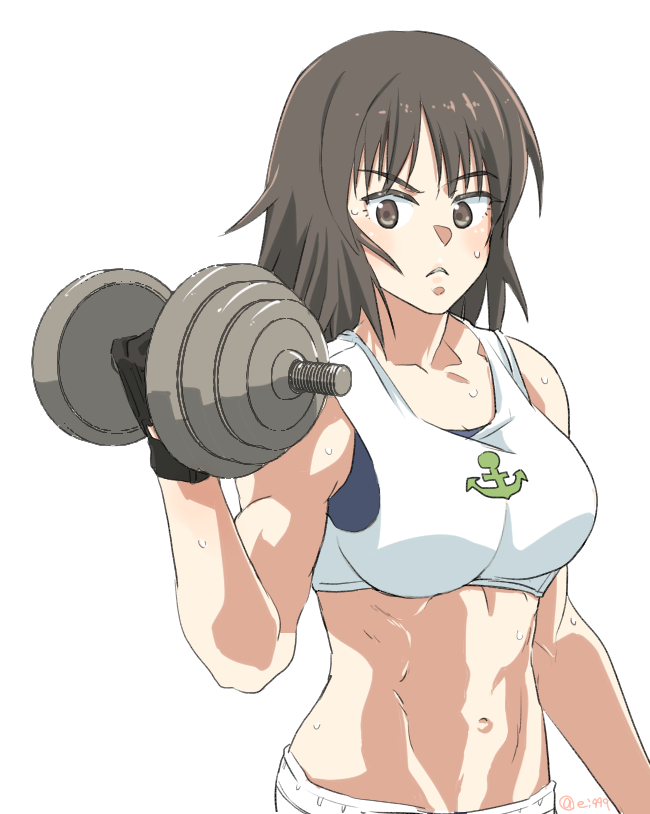 1girl bangs black_eyes black_gloves black_hair closed_mouth dumbbell ei_(akinosakae) frown girls_und_panzer gloves long_hair looking_at_viewer murakami_(girls_und_panzer) muscle muscular_female navel simple_background solo standing sweat twitter_username upper_body weightlifting white_background white_sports_bra