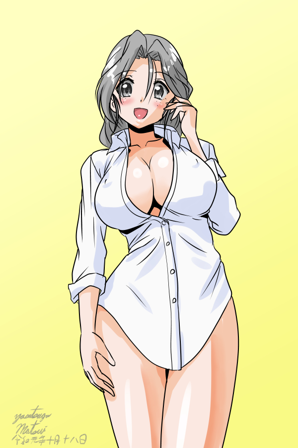 1girl :d artist_name blush bottomless breasts cleavage commentary covered_nipples dated dress_shirt freckles girls_und_panzer grey_eyes grey_hair hair_intakes hand_in_hair large_breasts long_hair looking_at_viewer matsui_yasutsugu naked_shirt open_mouth partially_unbuttoned piyotan ponytail shirt signature simple_background sleeves_rolled_up smile solo standing white_shirt