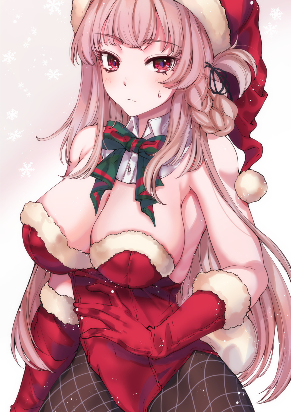 1girl armpits black_legwear blush bow bowtie braid breasts cleavage closed_mouth cowboy_shot detached_collar fate/grand_order fate_(series) florence_nightingale_(fate/grand_order) florence_nightingale_santa_(fate/grand_order) gloves grangrangao hat highres large_breasts leotard long_hair looking_at_viewer multicolored_bow pantyhose pink_hair red_eyes red_gloves red_headwear red_leotard santa_hat solo sweat